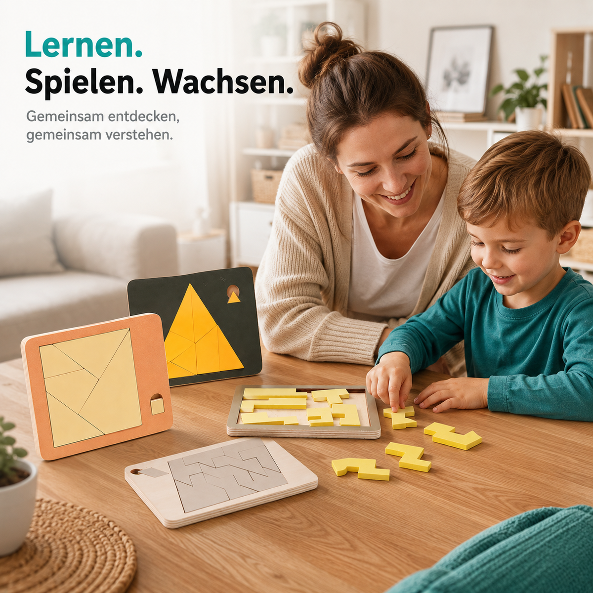Helles Tangram-Puzzle mit mehreren passenden Formteilen.