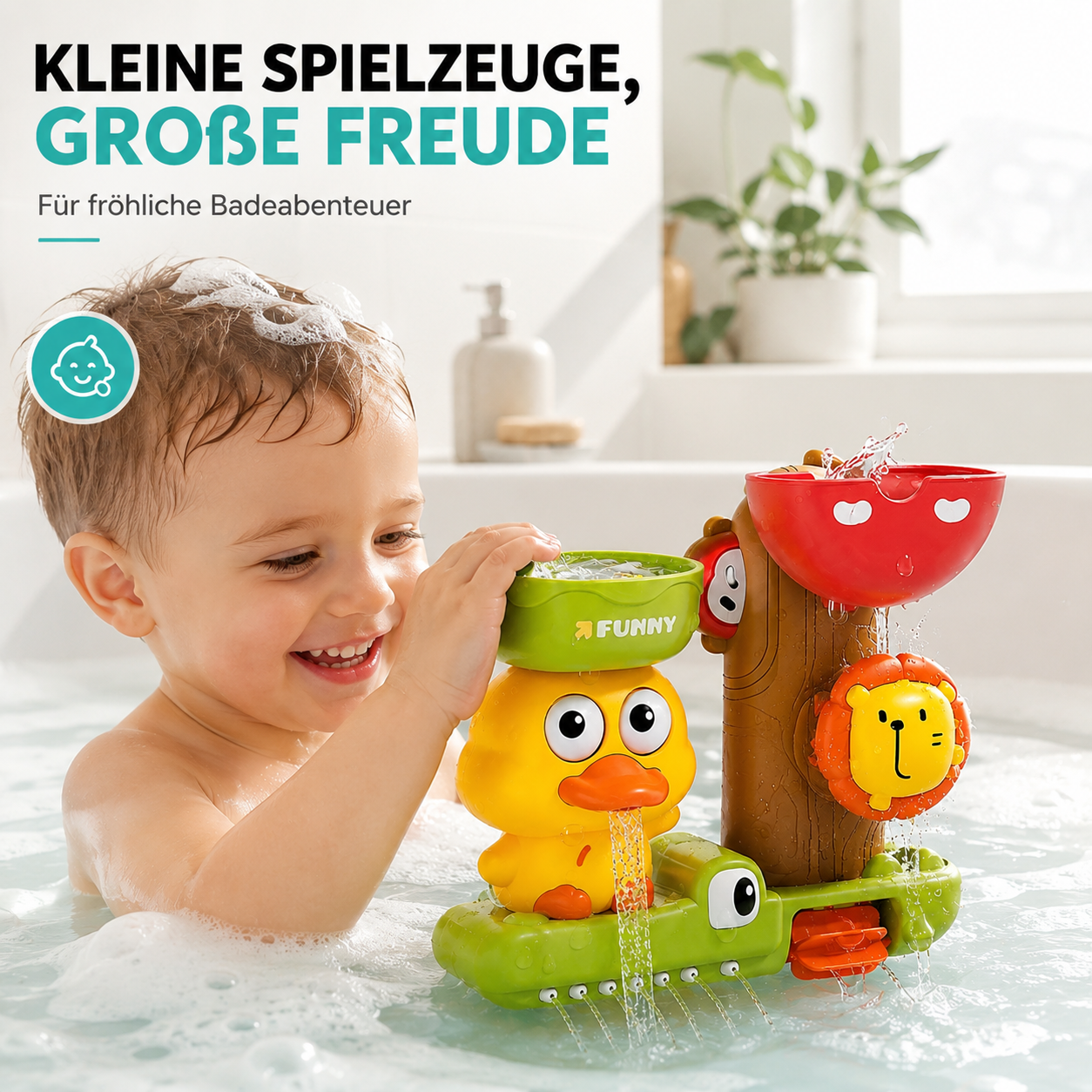 Karikatur Badeente mit Wasserrad – Spielspaß beim Baden für Kinder