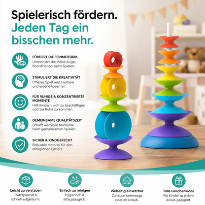 Bunter Regenbogen-Stapelring Turm – Montessori Lernspielzeug für 3-6J.