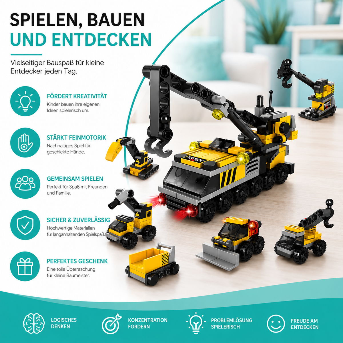 6-in-1 DIY Baustellen-Fahrzeuge – Bauen, Lernen & Smart Spielen
