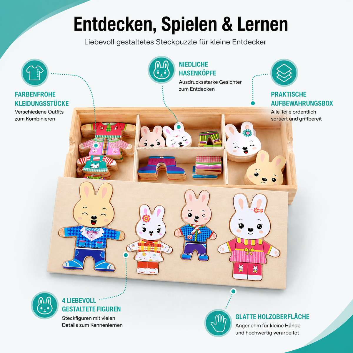 Lernspielzeug aus Holz – Tierpuzzle zum Formen- & Outfitwechsel