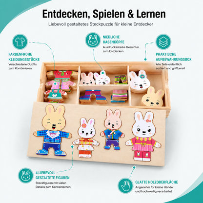 Lernspielzeug aus Holz – Tierpuzzle zum Formen- & Outfitwechsel