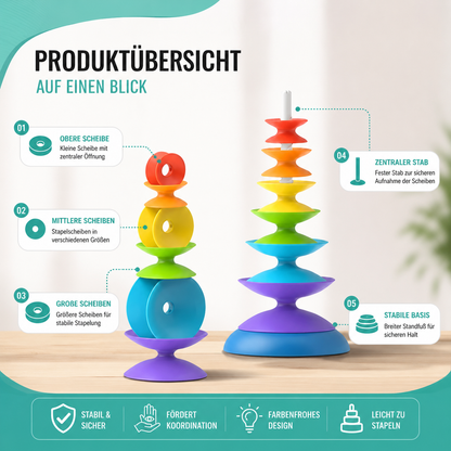 Bunter Regenbogen-Stapelring Turm – Montessori Lernspielzeug für 3-6J.