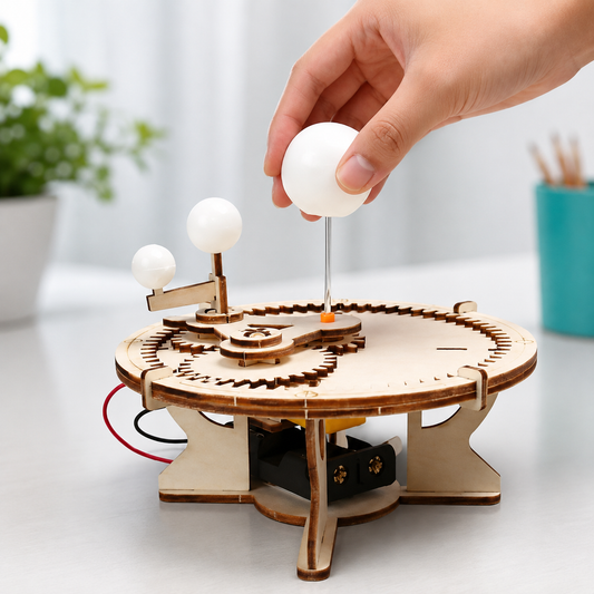 Mechanisches Sonnensystem aus Holz – Spielerisch Astronomie entdecken