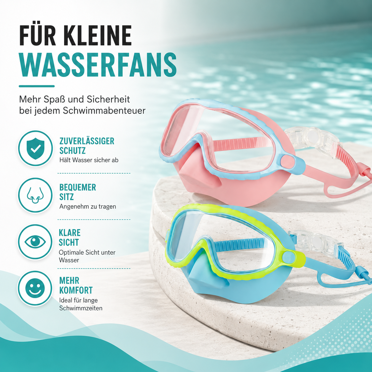 Schwimmbrille für Kinder mit Nasenabdeckung & Komfort-Silikondichtung