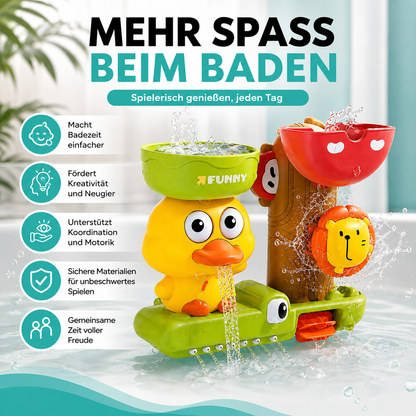 Karikatur Badeente mit Wasserrad – Spielspaß beim Baden für Kinder