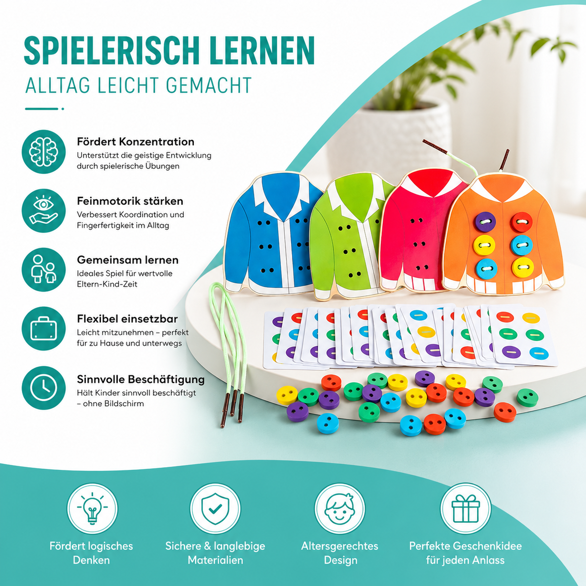 Montessori Knopf- & Fädelspiel – Fördert Geduld & Fingerfertigkeit