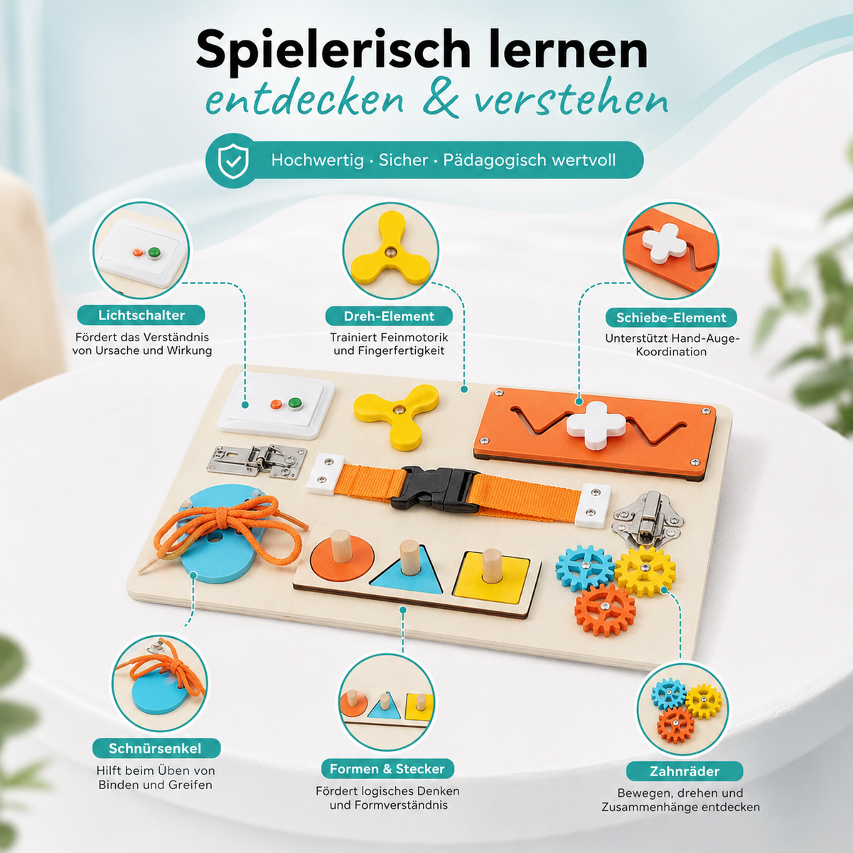 Montessori Busy Board aus Holz – Motorikspielzeug für Kinder