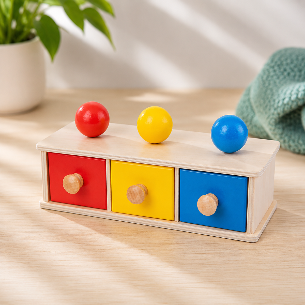 Montessori Schubladen-Spiel – Farben lernen mit Spaß & Logik! Dreifarbige Kugelschublade