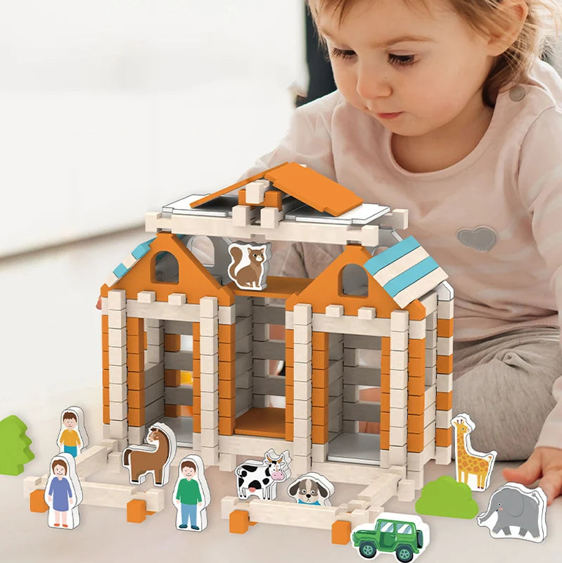Montessori Holz-Bausteine Hausbau-Set für Kinder