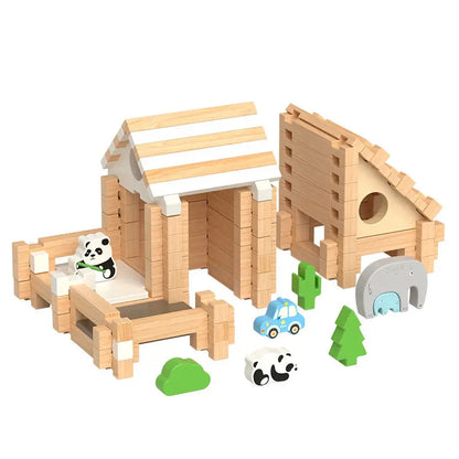 Montessori Holz-Bausteine Hausbau-Set für Kinder Braun