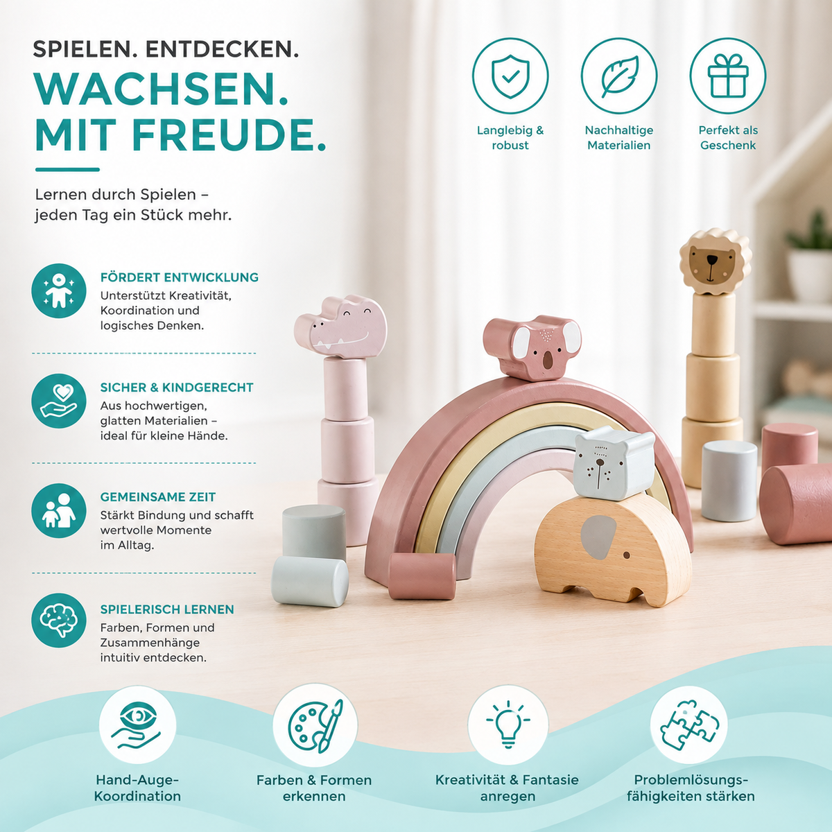 Holz Elefanten Balance Spiel – Montessori Regenbogen Stapelspaß