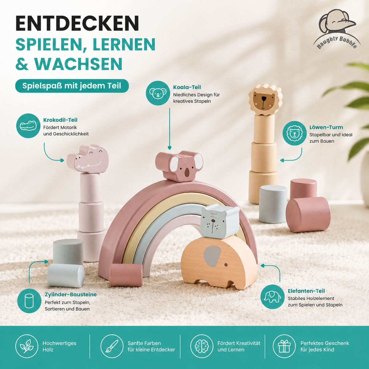 Holz Elefanten Balance Spiel – Montessori Regenbogen Stapelspaß