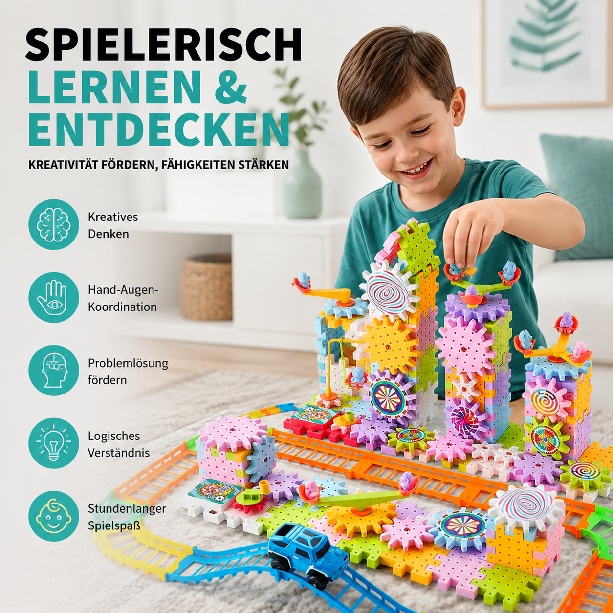 Bunte Zahnräder & Bausteine – Kreatives Lernspiel für Kinder