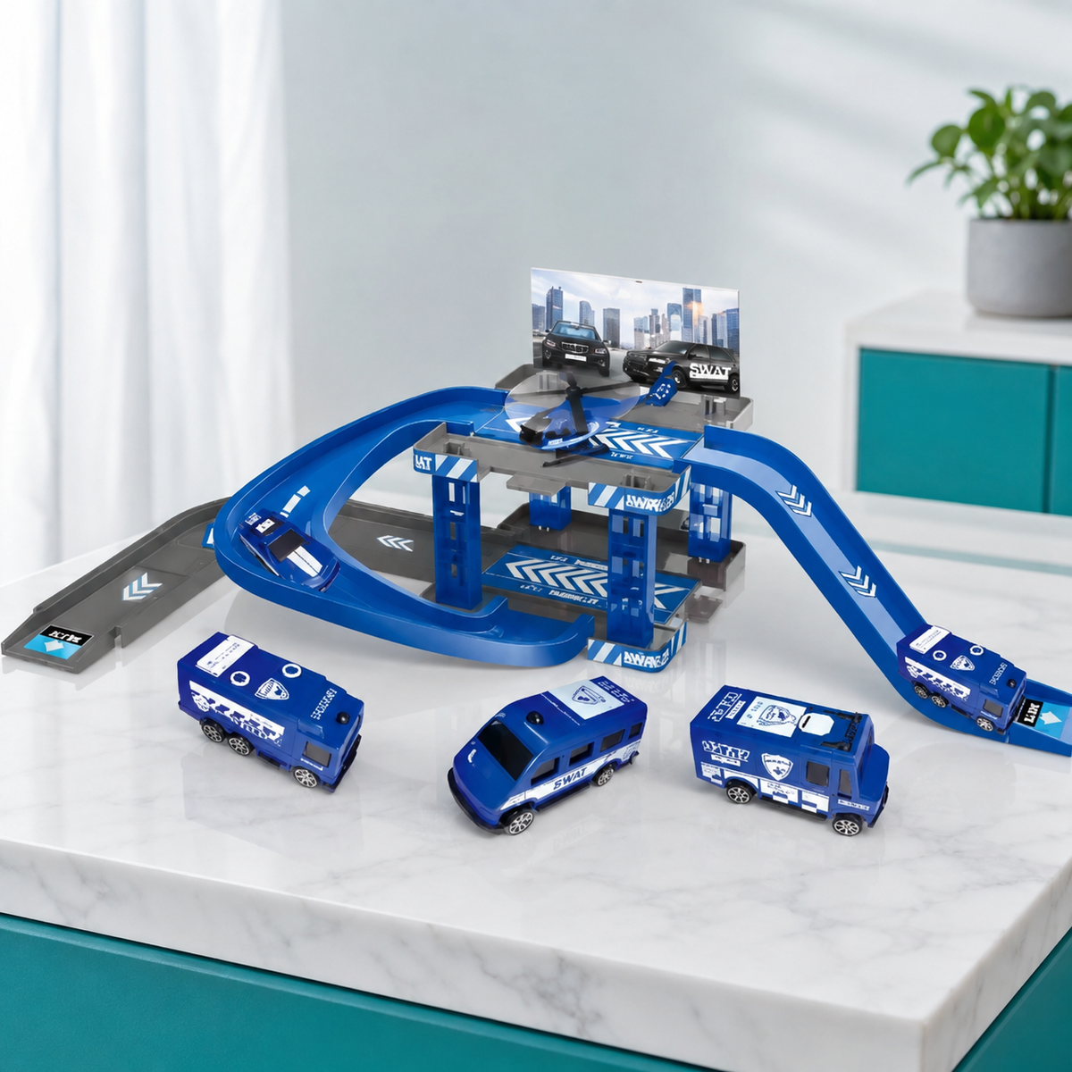 Dino Parken Schiene– Actionreiches Auto-Spielset für Kinder Blau