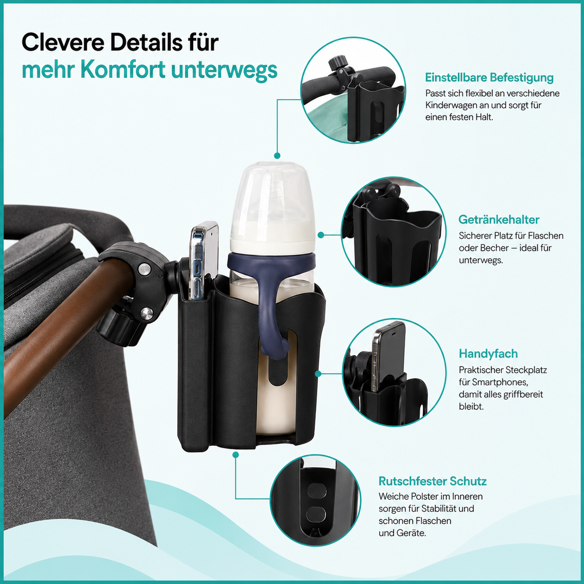 Getränkehalter, Handyfach und flexible Befestigung im Überblick.