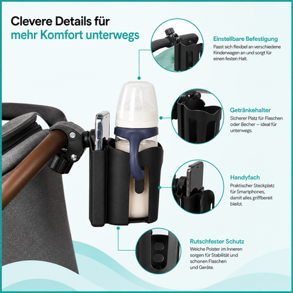 Getränkehalter, Handyfach und flexible Befestigung im Überblick.
