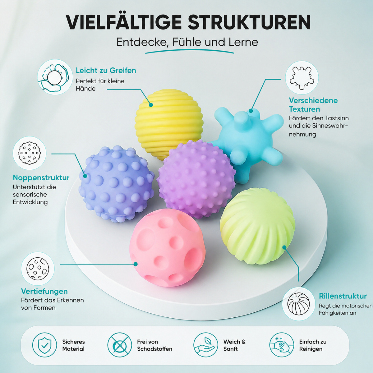 Sensorik Baby Bälle Satz – 6 weiche Montessori Tastbälle