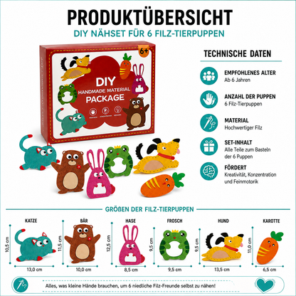 Übersicht des DIY-Sets mit sechs bunten Filzfiguren.