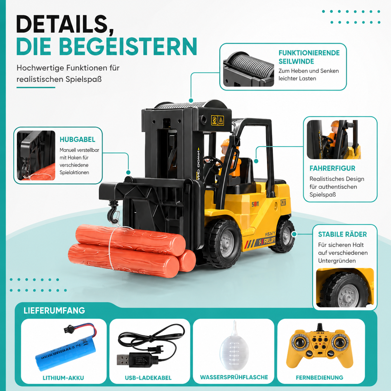 Elektrischer RC Gabelstapler mit Licht, Klang & Wasser-Spray