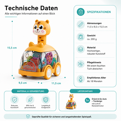 Drück-&-Go Auto – Tierdesign mit Licht & Rückziehmotor