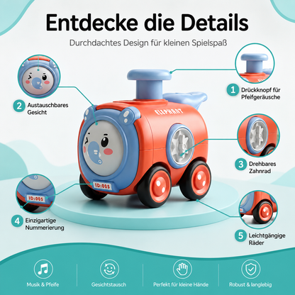 Karikatur Zugspielzeug – Musik, Pfeife & Gesichtstausch