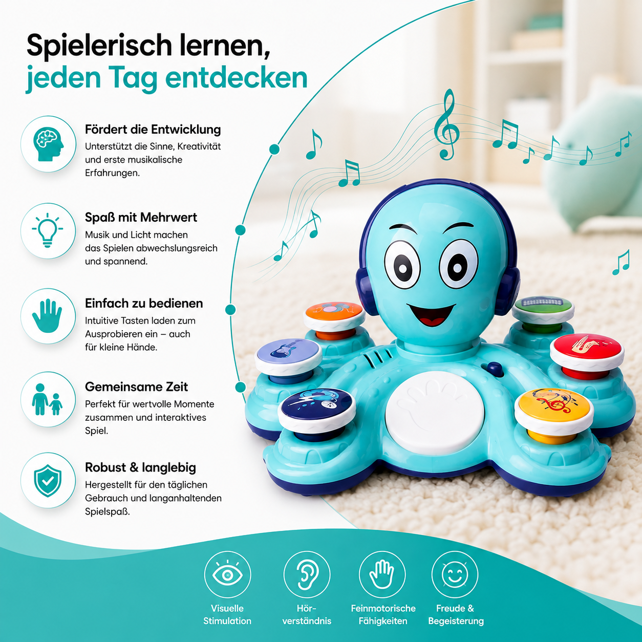 Baby Musik-Oktopus – Spielen, Lernen & Staunen mit Licht & Klängen