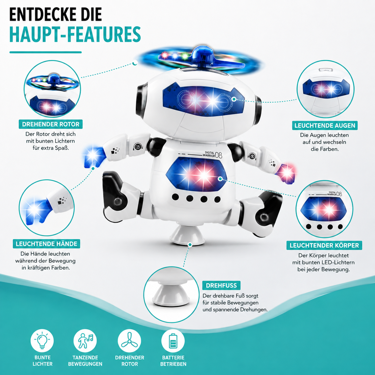 Raum Tänzerin Roboter – Tanzender Spielspaß mit Licht & Musik