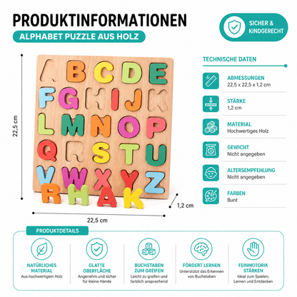 Buntes Alphabet-Holzpuzzle – Lernspiel für Kinder mit Zahlen & Formen