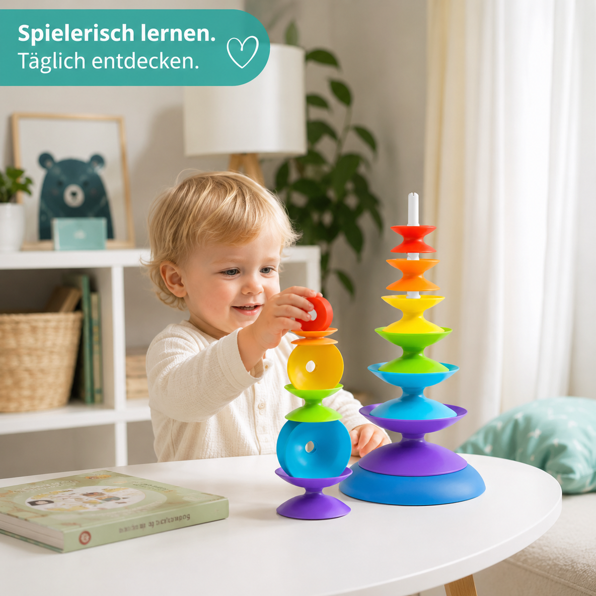 Bunter Regenbogen-Stapelring Turm – Montessori Lernspielzeug für 3-6J.