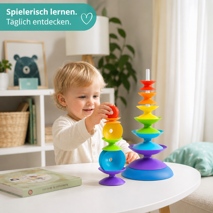 Bunter Regenbogen-Stapelring Turm – Montessori Lernspielzeug für 3-6J.