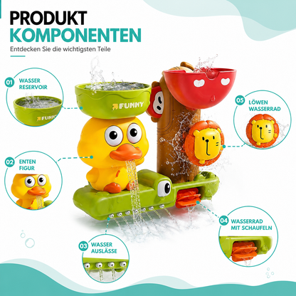 Karikatur Badeente mit Wasserrad – Spielspaß beim Baden für Kinder