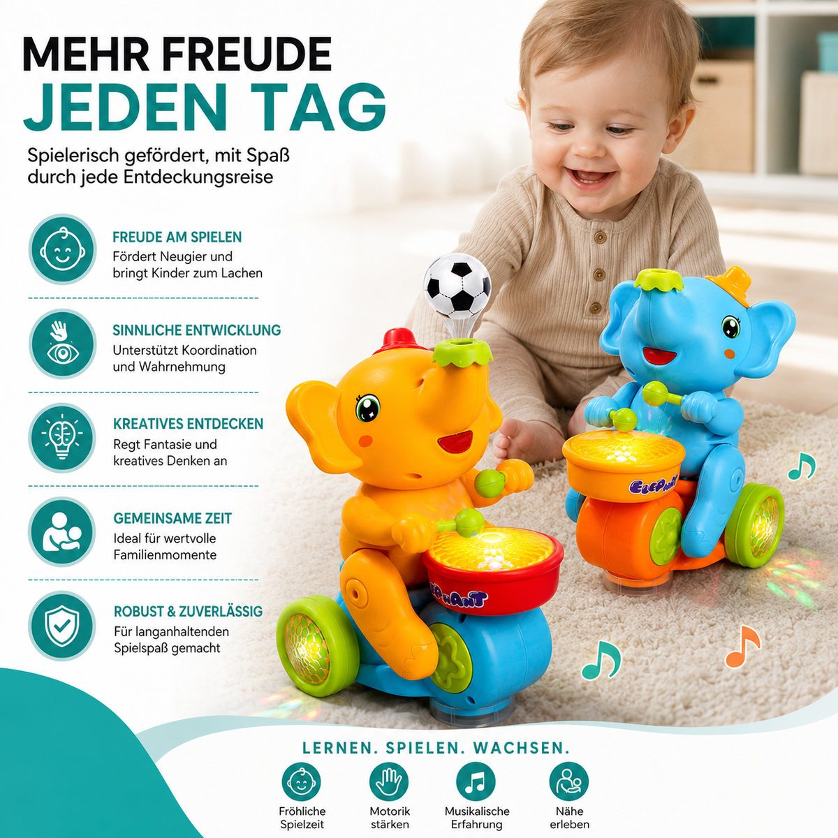 Gehendes Elefanten Musikspielzeug für Babys – mit Licht & klang