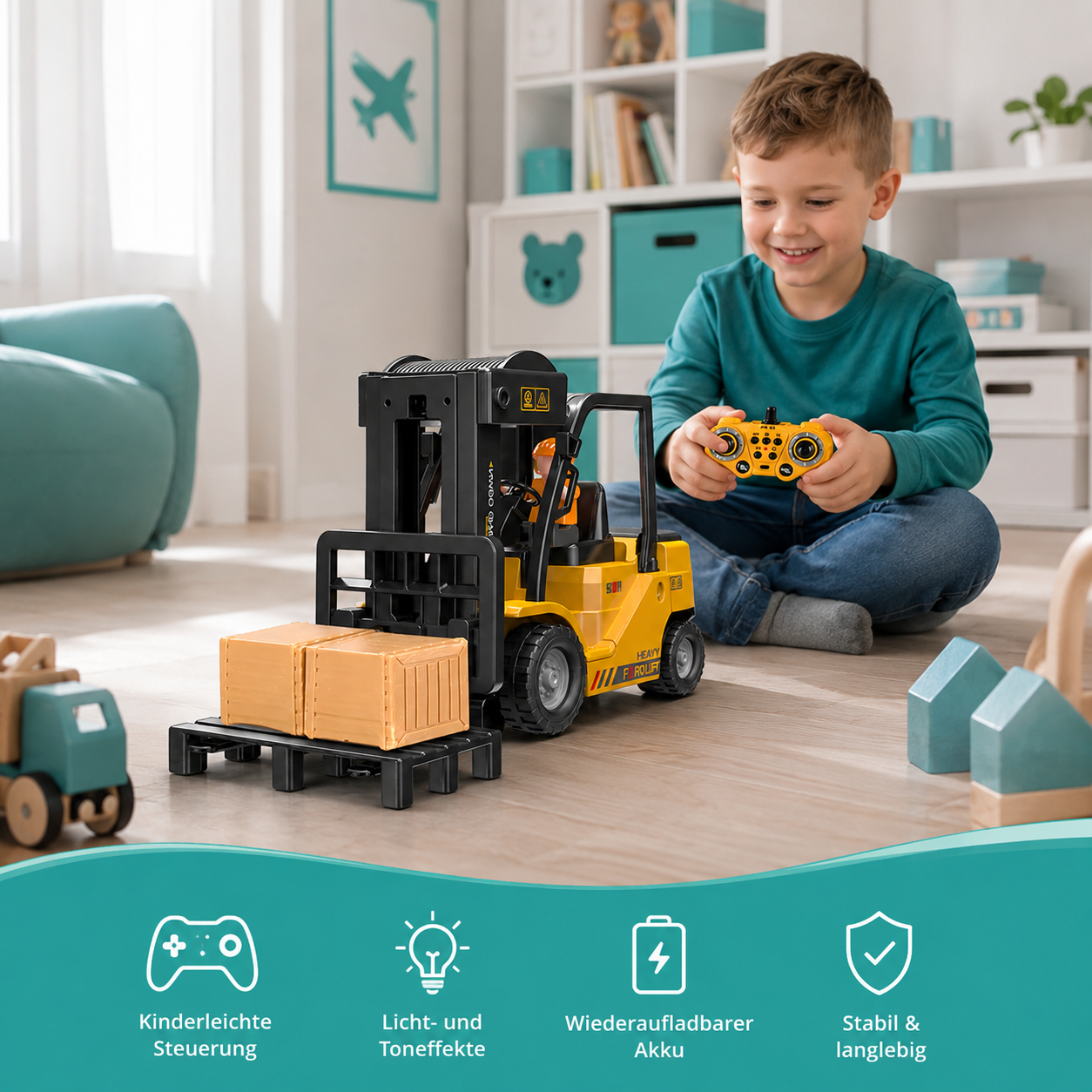 Elektrischer RC Gabelstapler mit Licht, Klang & Wasser-Spray