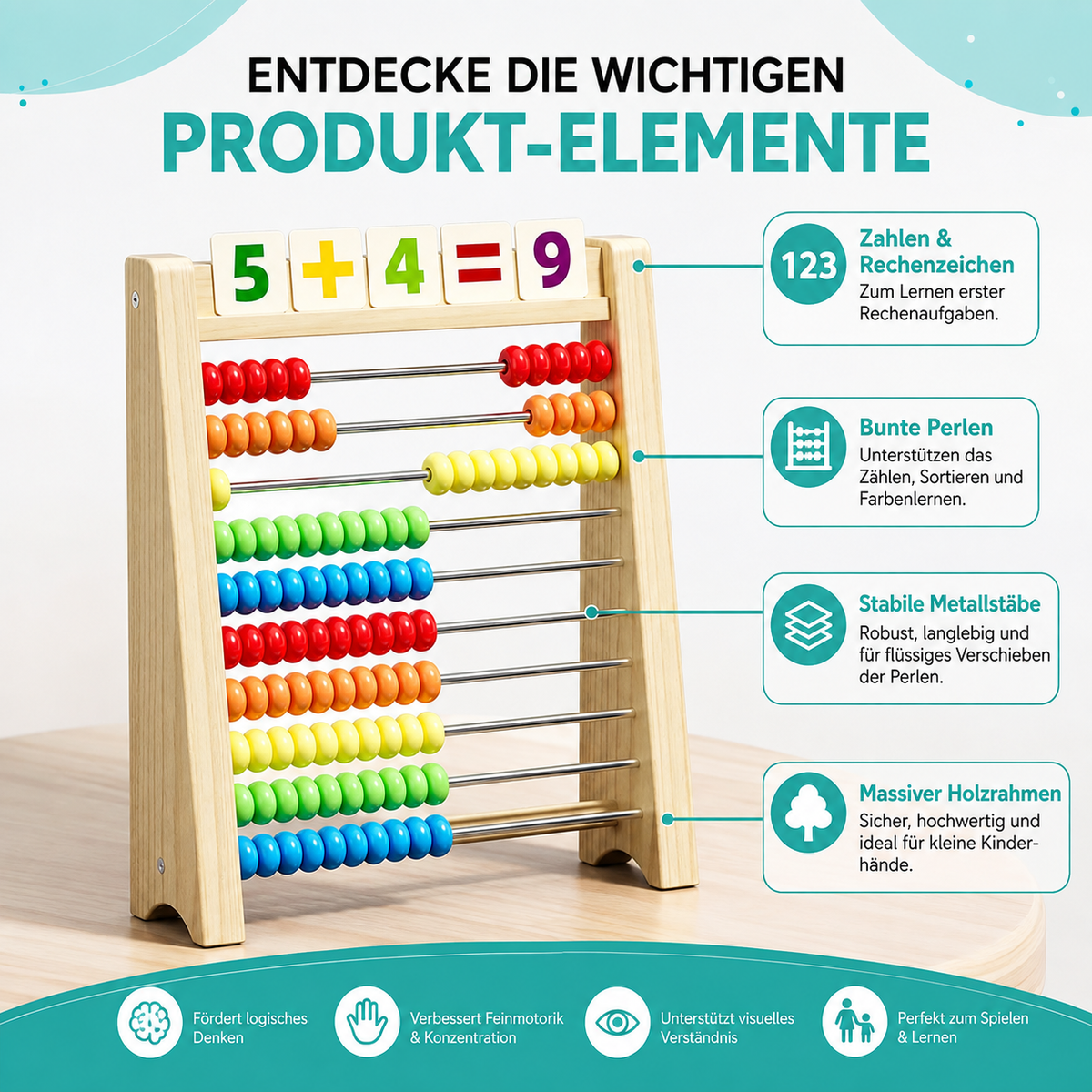 Holz-Rechenrahmen mit 100 Perlen – spielerisch Mathe lernen