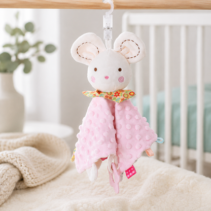 Niedliche Maus mit weichem rosa Kuscheltuch.