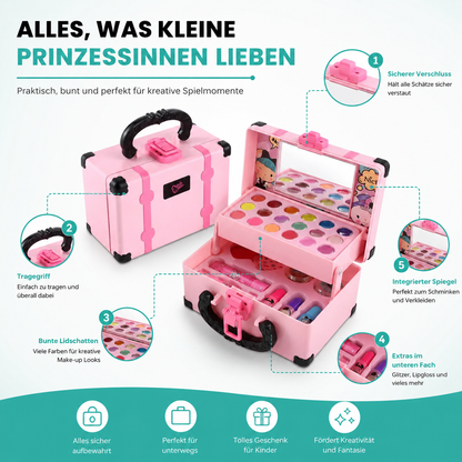 Geöffneter rosa Schminkkoffer für Kinder mit verschiedenen Farben und Schminkzubehör