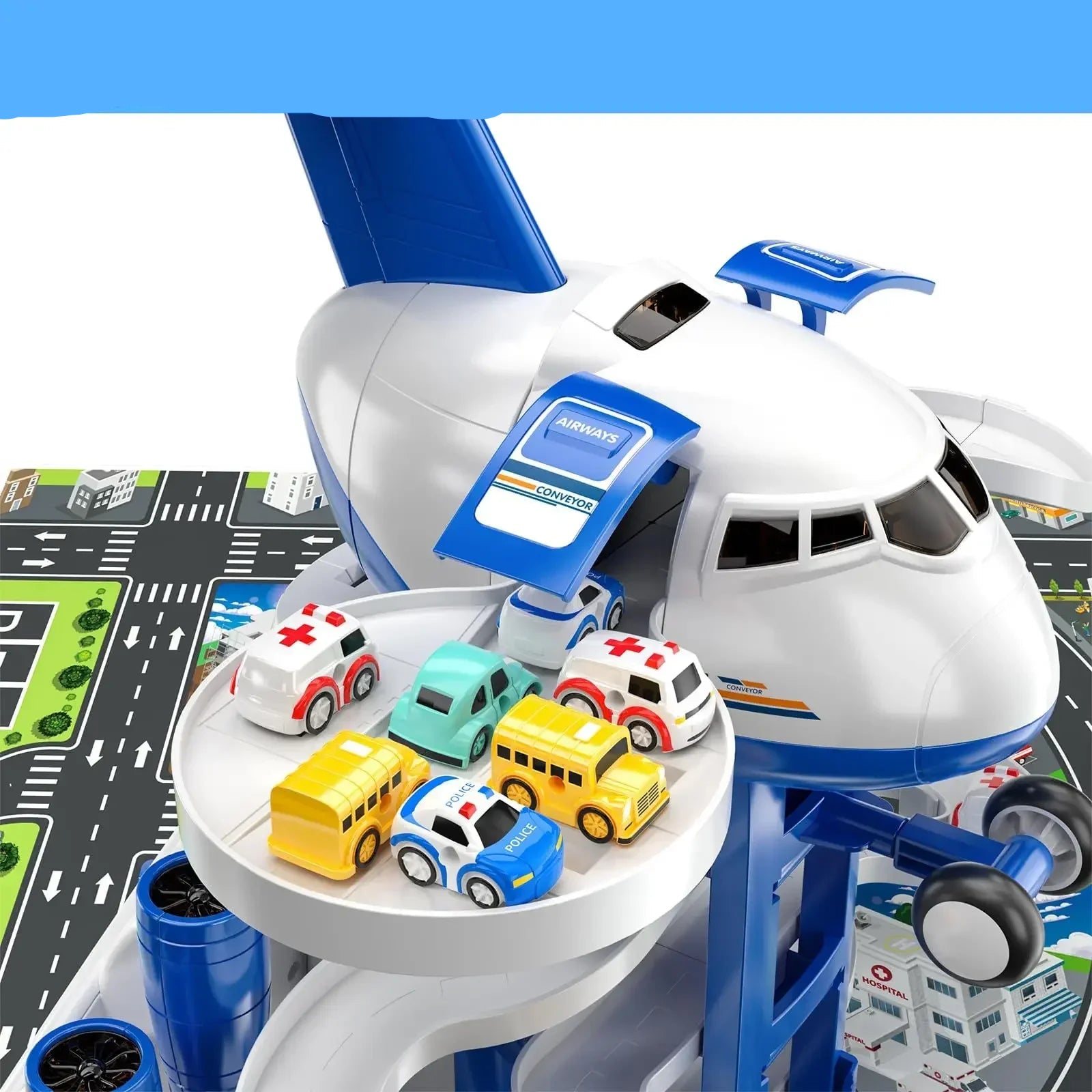 Großes Flugzeug Parkhaus mit Autos & Musik – Geschenk für Kids