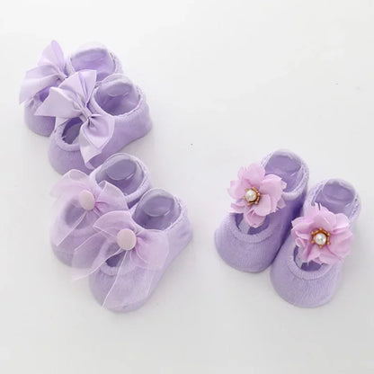 Baby Mädchen Socken mit Schleife & Blume – 3er Satz Baumwolle Lavendel