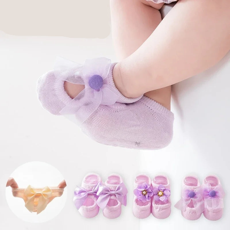 Baby Mädchen Socken mit Schleife & Blume – 3er Satz Baumwolle