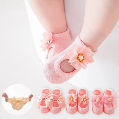 Baby Mädchen Socken mit Schleife & Blume – 3er Satz Baumwolle