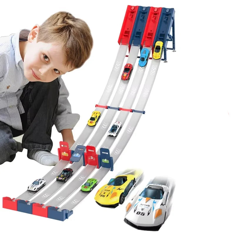 Rennbahn-Action für Kids – Katapult Railcar Spielset mit Alloy Cars 8 Autos vier Gleise