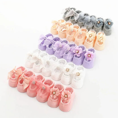 Baby Mädchen Socken mit Schleife & Blume – 3er Satz Baumwolle