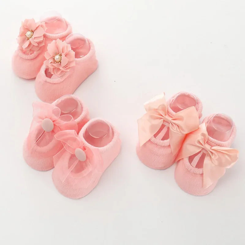 Baby Mädchen Socken mit Schleife & Blume – 3er Satz Baumwolle Rosa