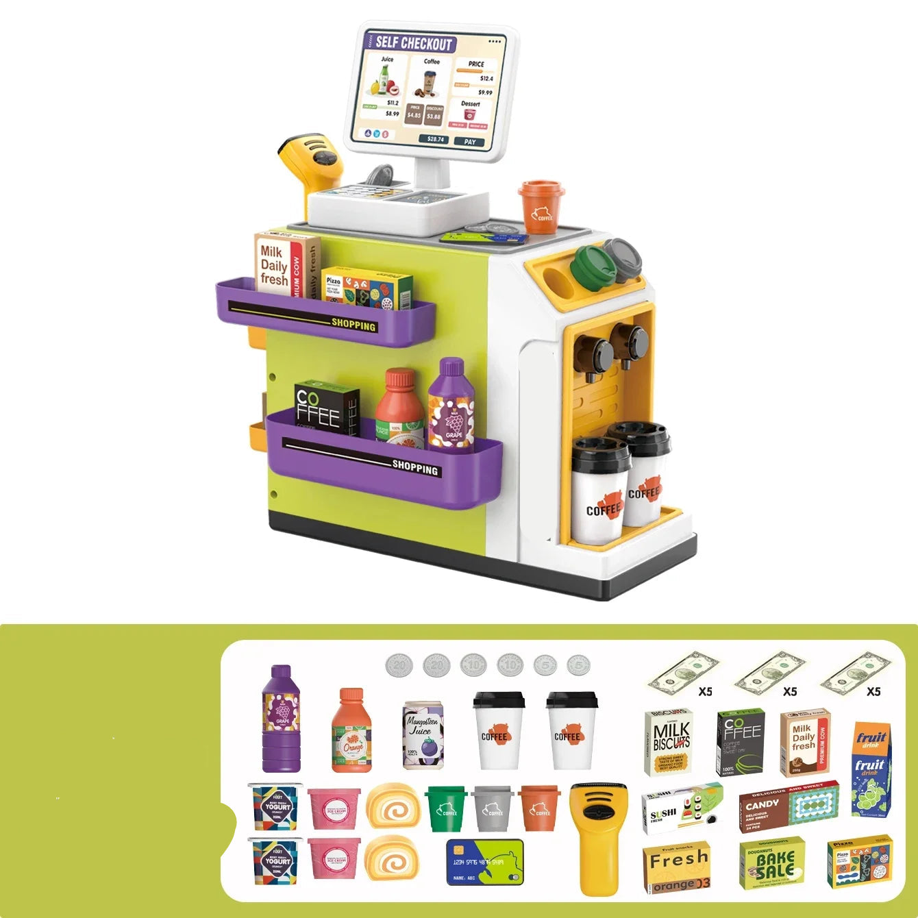 Mini Supermarkt & Kaffeemaschine Spielset – Realistisches Kauferlebnis für Kinder Grün