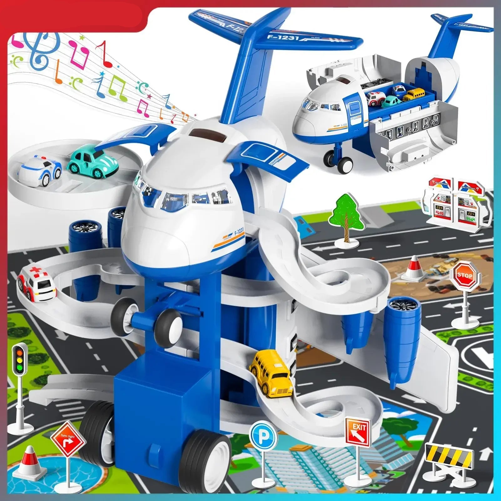 Großes Flugzeug Parkhaus mit Autos & Musik – Geschenk für Kids