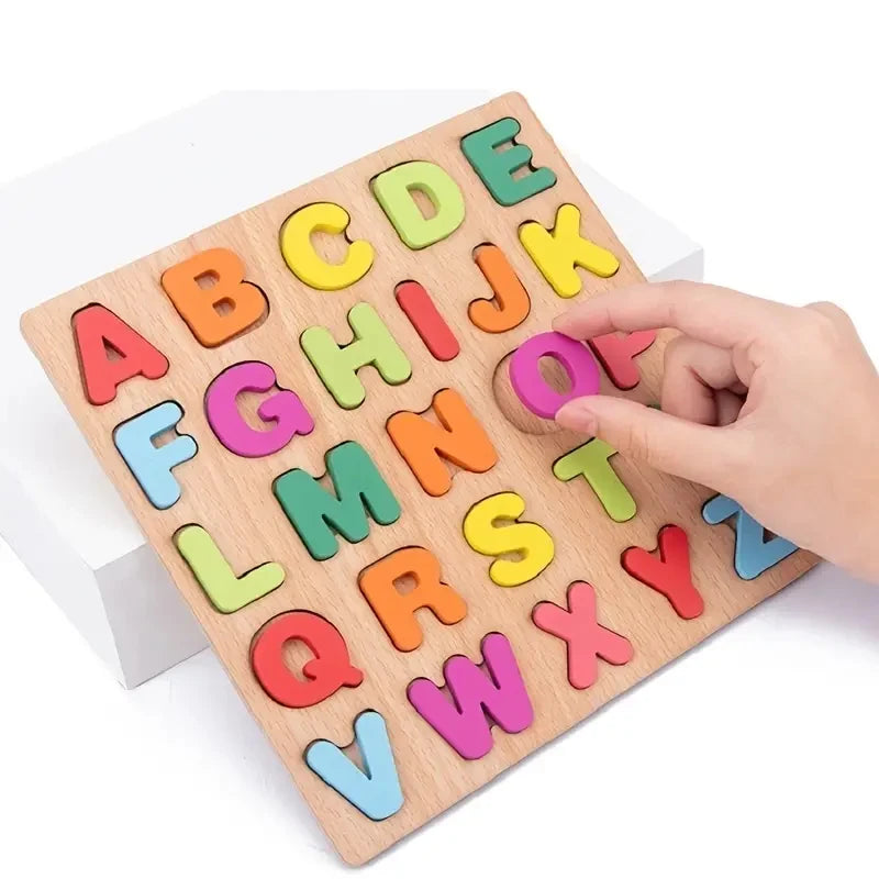 Buntes Alphabet-Holzpuzzle – Lernspiel für Kinder mit Zahlen & Formen