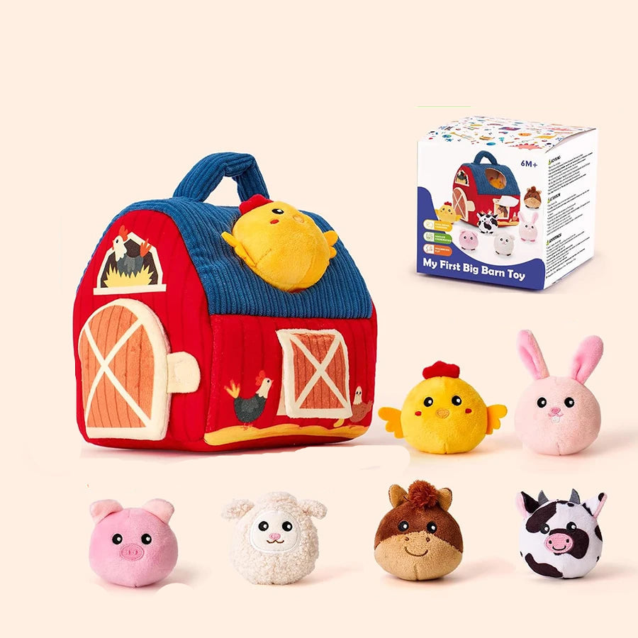 Montessori Farmhaus mit 6 Plüschtieren – Rassel & Knister-Spielzeug