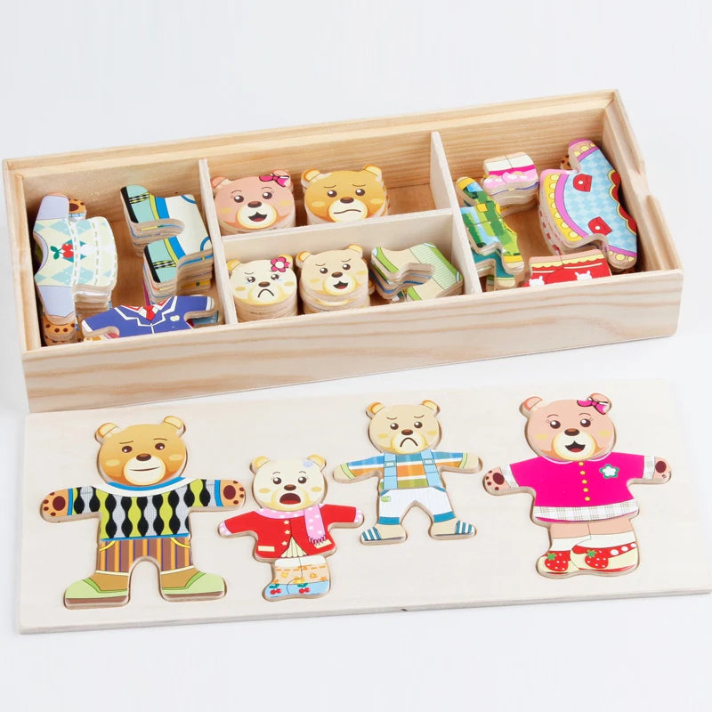Lernspielzeug aus Holz – Tierpuzzle zum Formen- & Outfitwechsel