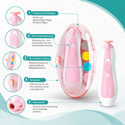 Elektrischer Baby Nageltrimmer mit leisem Motor und LED Licht